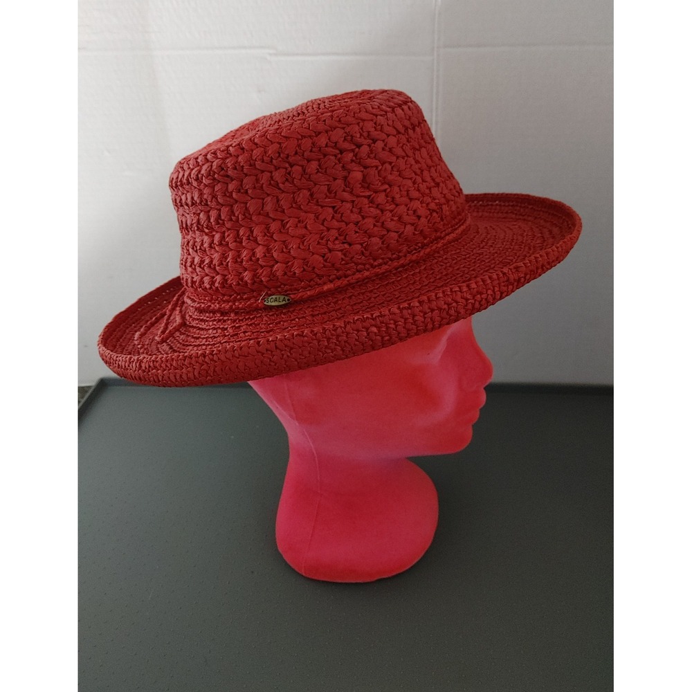 Scala Straw Sun Hat Womens OS Red Excellent Woven Bow Accent Summer Fedora